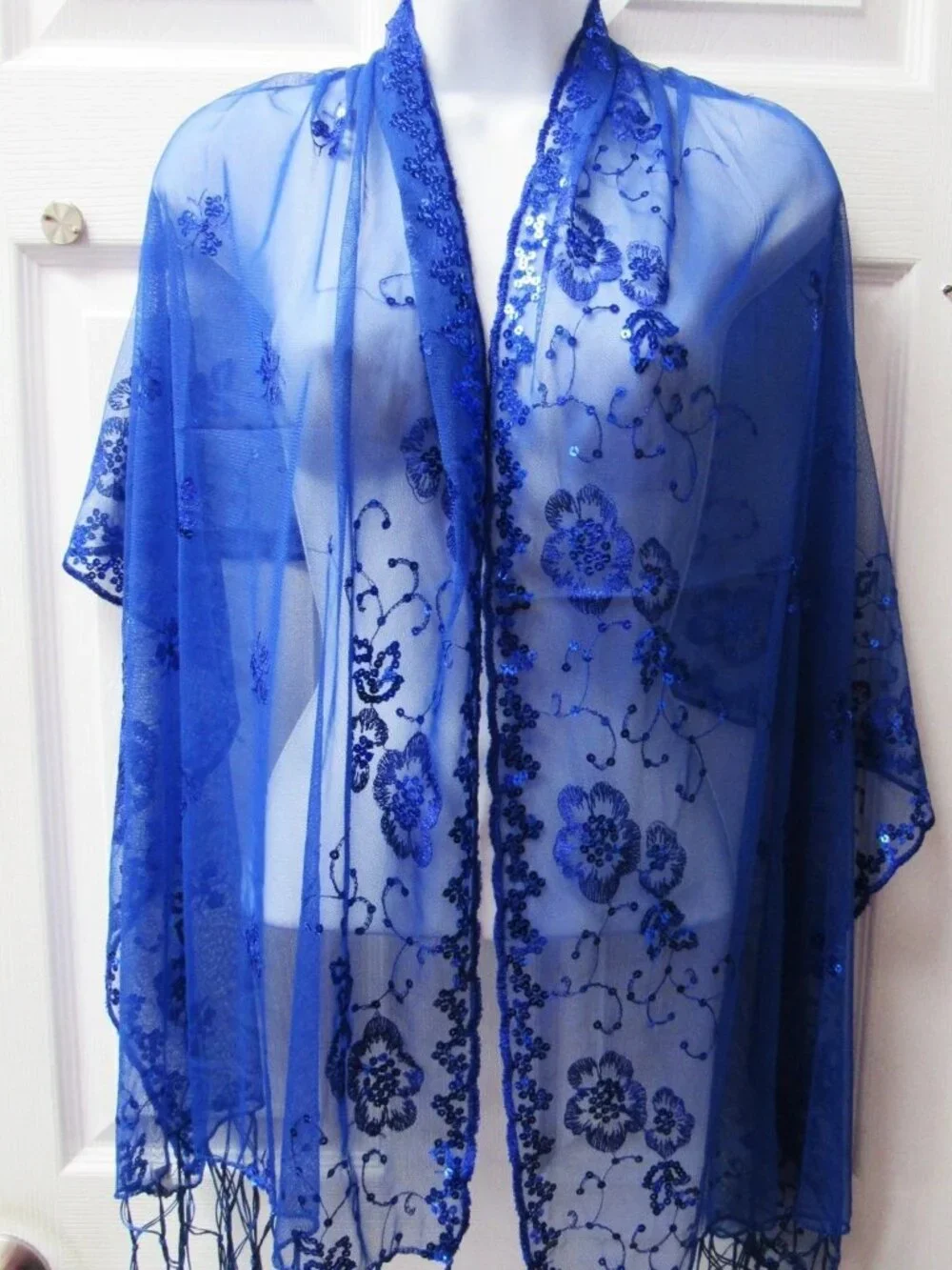 Royal Blue Dressy Sequin Sparkle Fringed Scarf Shawl Wrap Wedding Bridal Formal